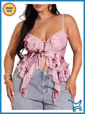 Plus Size Lace Up Sheer Ruffle Trim Cami Top Asymmetrical Going Out Tank Top